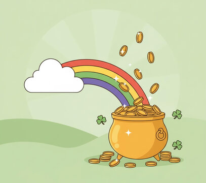 St Patrick's Day vector illustration featuring a green leprechaun hat and a pot of gold treasure at the end of a rainbow with Irish shamrock clover leaves for luck and holiday celebration