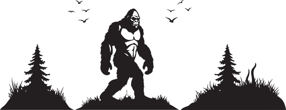 Bigfoot walking in the forest with trees and birds