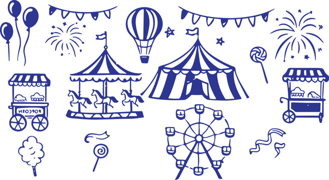 Whimsical carnival scene with rides and treats