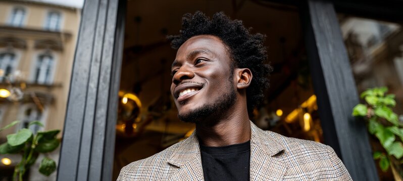 African-American Male with a Smile, Wearing a Patterned Jacket and Standing in an Urban Environment.