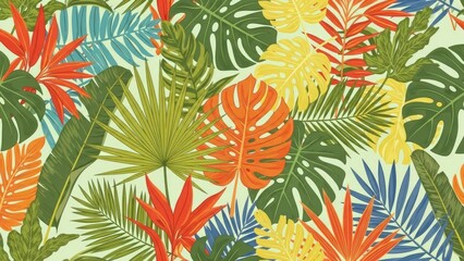 Naklejka premium A vibrant and colorful illustration of tropical leaves on a light green background