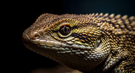 Obraz premium Detailed Lizard Close Up with Textured Scales Realistic Reptile Portrait on Dark Background Natural Wildlife Photography of a Lizard Face