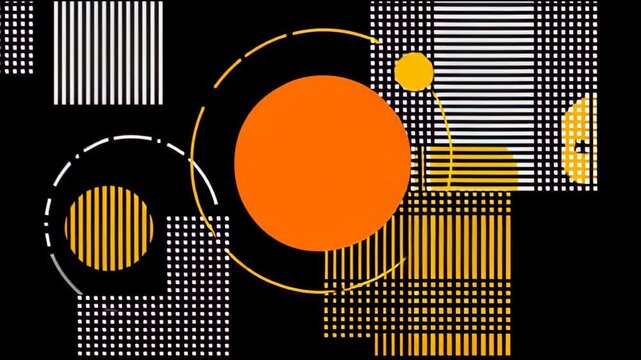 Abstract geometric pattern featuring bold circles, rectangles, lines, dots, and grid elements in orange, yellow, and black