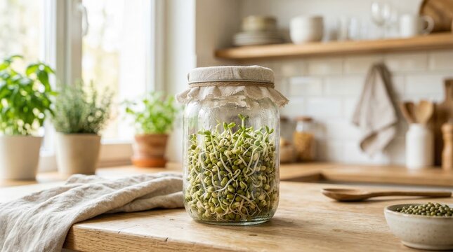 Sprouting Greens in Clear Glass Jar - Fresh Kitchen Scene