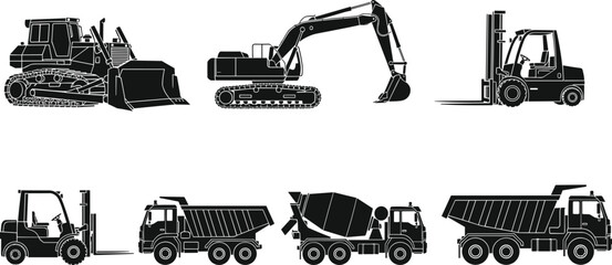 Black and white vector silhouette set of heavy construction vehicles including excavator bulldozer forklift dump truck and cement mixer isolated on white background for industry. © MstLata