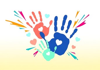 Fototapeta premium Vibrant handprint art with hearts and colorful strokes on white background
