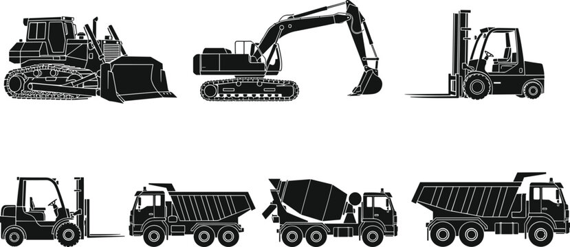 Black and white vector silhouette set of heavy construction vehicles including excavator bulldozer forklift dump truck and cement mixer isolated on white background for industry.