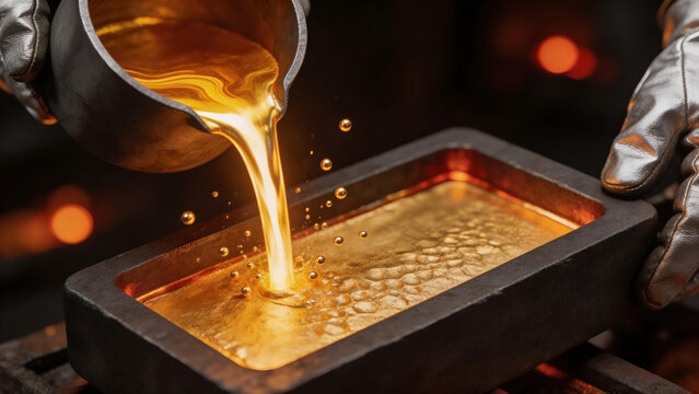 Gloved hands carefully pour molten gold from a crucible into an ingot mold, creating a shimmering, liquid stream that solidifies into a precious metal bar, illustrating industrial process