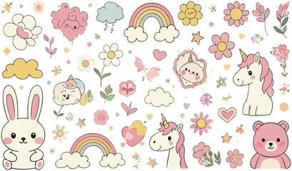 Cute kawaii nursery doodle collection with bunny unicorn rainbow flowers teddy bear and pastel elements flat vector illustration set © Sumon Creative