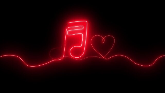 Red neon music note and heart symbol on black background with glowing wave line Valentine's Day love song concept