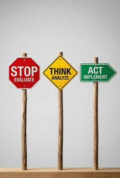 Stop Think Act Decision Strategy Concept with Colorful Road Signs