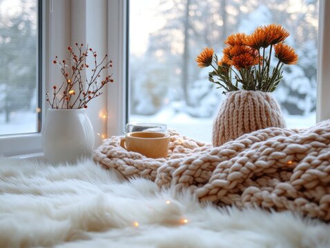 Winter scene with orange flowers, coffee cup, and knitted blanket on window. Depicts cozy, warm comfort perfect for seasonal ads or lifestyle content.