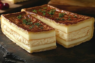 Two slices of layered flan dessert topped with herbs on dark surface. Ideal for illustrating food, culinary arts, or sweet temptations concepts.