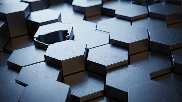 A close-up view of a broken hexagonal tile floor with missing pieces