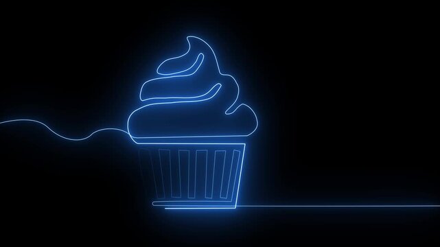 Neon blue cupcake glowing electric blue lines forming a cupcake on a dark background with a wavy line