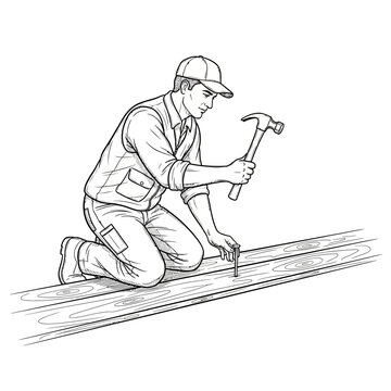 Construction worker hammering nail into wooden plank, kneeling on floor, detailed illustration