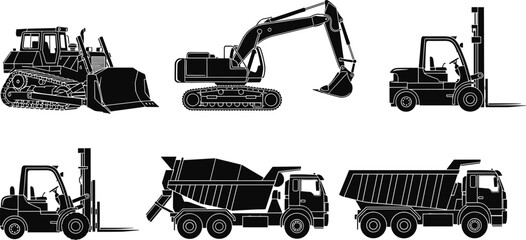 Heavy construction machinery silhouettes set including excavator bulldozer forklift dump truck and cement mixer isolated on white background for industrial building design. © MstLata