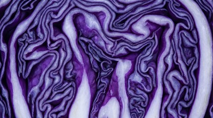 Obraz premium Intricate Cabbage : An overhead perspective reveals the internal structure of a fresh, deep red cabbage, a masterpiece of nature's design.