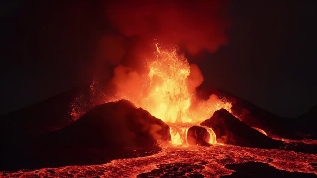 Volcanic eruption spews molten lava and ash into the dark night sky