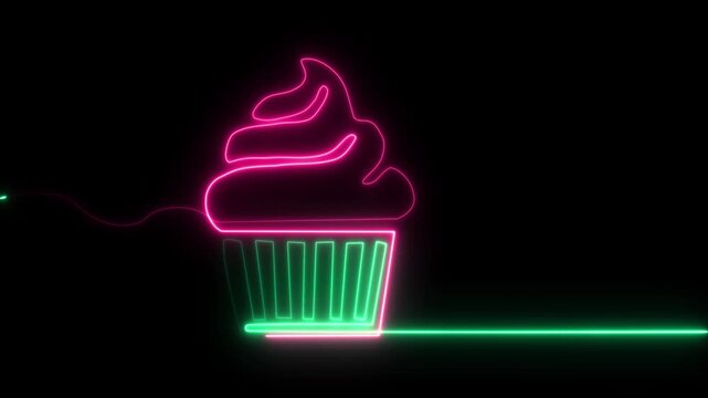 Neon cupcake glowing green and pink frosting on black background sweet treat symbol glowing cupcake green and pink neon