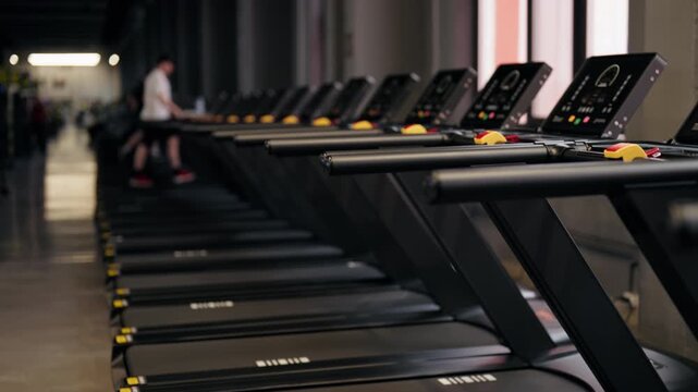 Numerous modern treadmills neatly aligned inside a large, contemporary gym with blurred people exercising in the background, promoting an active and healthy lifestyle through regular workouts
