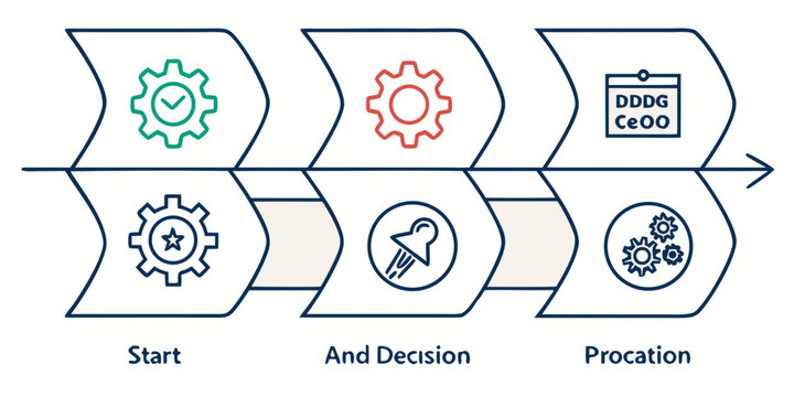 Business process flowchart with gears and decision steps