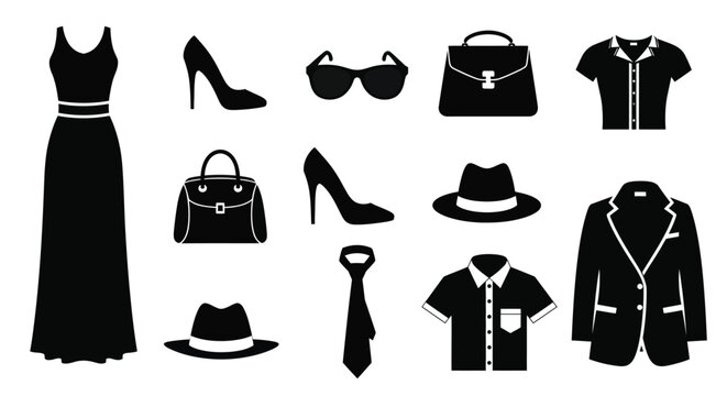 Black silhouettes of various fashion items including clothing shoes and accessories
