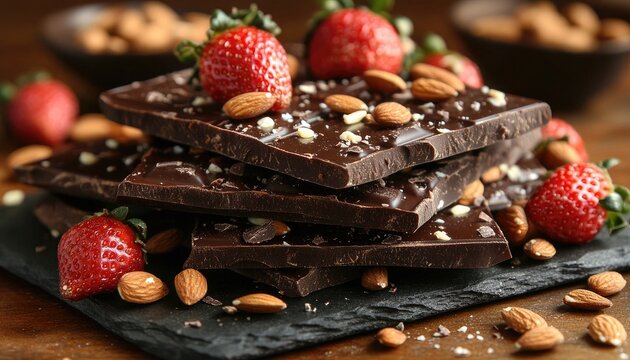 Dark chocolate stacked, topped with strawberries and almonds on slate. Depicts dessert for baking recipes, healthy eating, or promotional content.