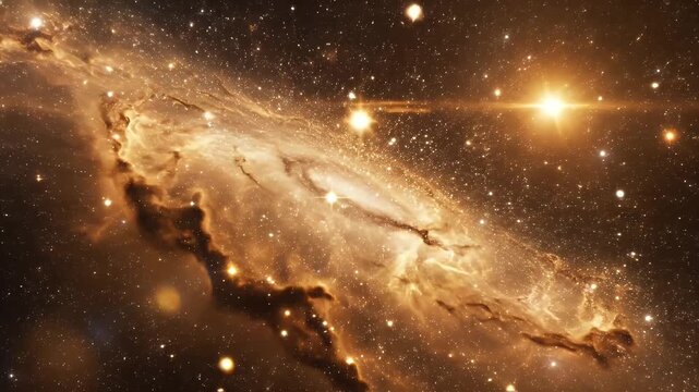 A cosmic nebula glows with light and shadow, with distant stars in the background