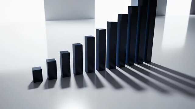 A black, ascending bar chart cast in sharp shadows, on a white surface, minimalist