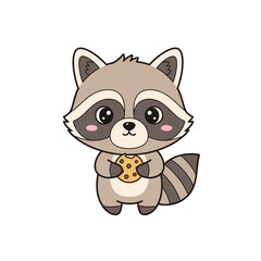 Obraz premium Cute cartoon raccoon holding a cookie with a joyful expression 