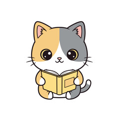 Fototapeta premium Cute cartoon cat reading an open book while sitting down 
