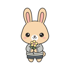Fototapeta premium Cute cartoon bunny holding a flower in joyful pose 