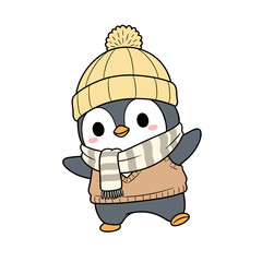 Obraz premium Cute cartoon penguin wearing a yellow hat and scarf in winter 