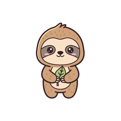 Fototapeta premium Cute cartoon sloth holding a leaf with a cheerful expression 