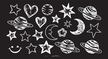 Set of childish crayon space objects and aliens isolated on white background. Vector cartoon illustration of funny chalk Earth, doodle stars, alien creatures and spacecraft © CreatAr8