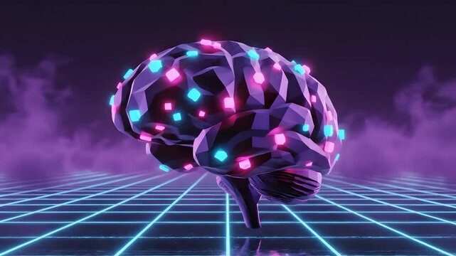 Illuminated geometric brain spins over glowing cyber grid, digital neural network visualization for AI and biohacking content