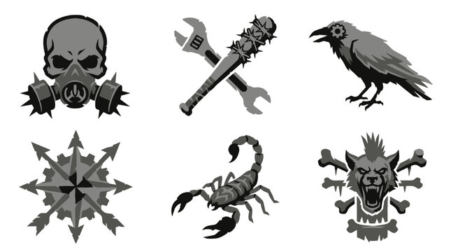 A close-up view of dark skull, wrench, crow, snowflake and scorpion icons arranged in two rows on a plain white background
