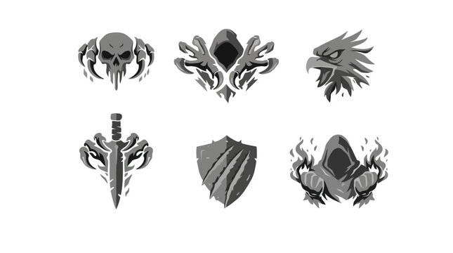 View of a skull with crossed scimitars, a jeweled mask, a feathered bird head, a dagger with scimitars, and a patterned shield on white backdrop