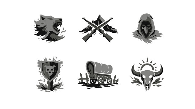 Detailed view of six rugged outdoor icons featuring boar, lion, rifle, wagon, and skull arranged in two rows on a white background
