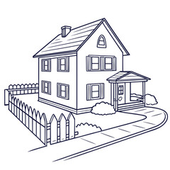 Two story house with fence and sidewalk outline with a sidewalk curves around © Proi