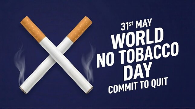 World No Tobacco Day banner for May 31st, crossed cigarettes forming an X symbol on dark blue background, anti-smoking health awareness campaign