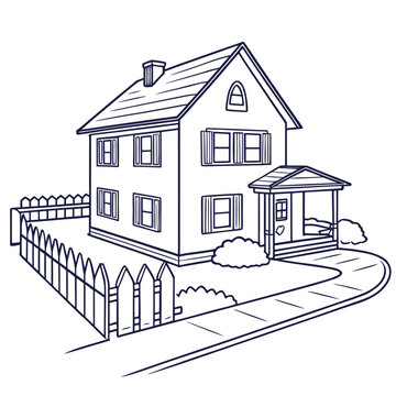 Two story house with fence and sidewalk outline with a sidewalk curves around