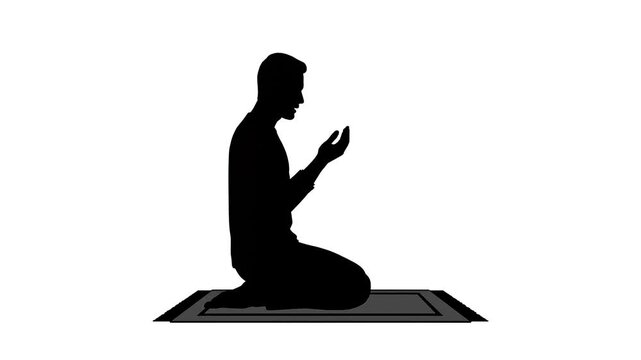 A silhouette of a man kneeling on a prayer mat with hands raised in a peaceful and serene environment, ideal for use in educational, religious, or cultural contexts.