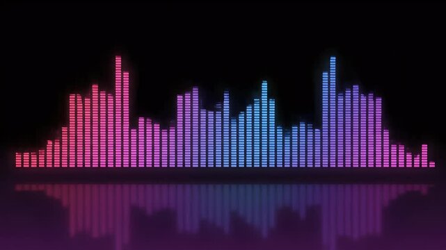 Neon equalizer bars pulsate with vibrant pink, purple, and blue hues on black