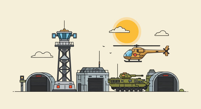 Military base with helicopter, tank, control tower, and hangars under sunny sky