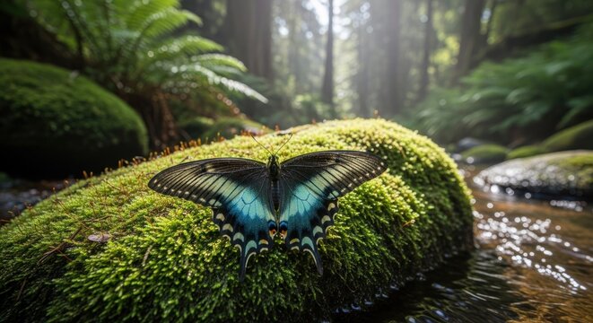 A vibrant blue butterfly with intricate patterns on its wings rests on a moss-covered rock in a lush forest, surrounded by towering trees and a babbling brook.
