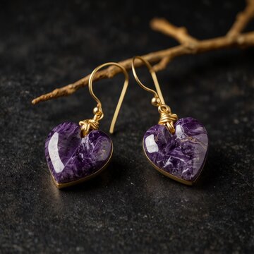 Heart cut charoite gemstone on gold earrings on plain black background