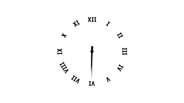 An analog clock with Roman numerals animation. Fast time analog clock face with transparent background. 4k animation.