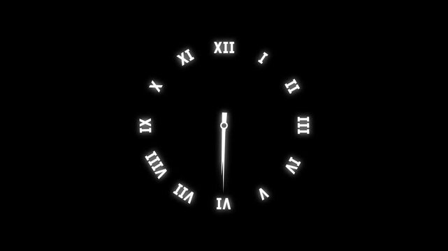 An analog clock with Roman numerals animation. Fast time analog clock face with transparent background. 4k animation.